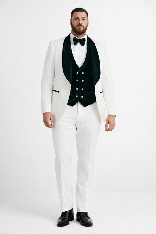 Wedding Tuxedo - Groom Suit - White and Dark Green Prom Suit - 100% Percent Wool Fabric Suit - Worsted Wool Business Suit