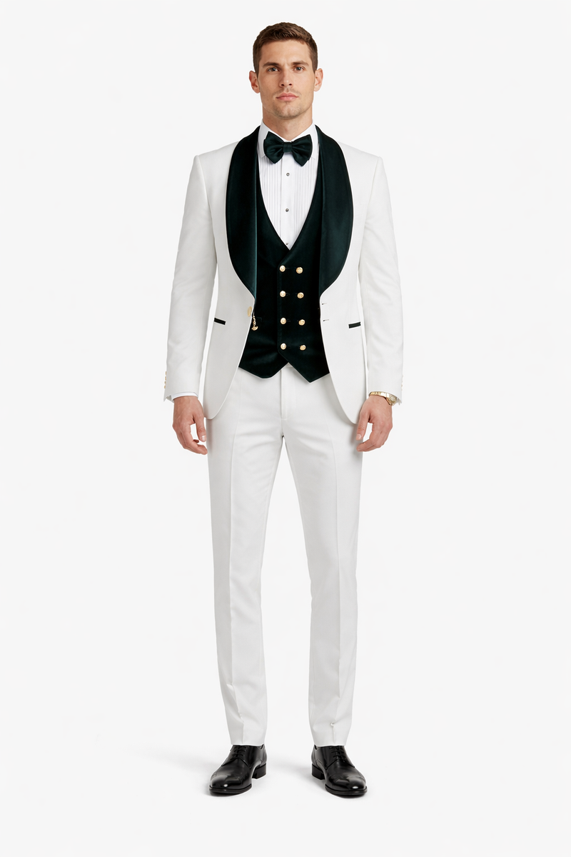 Wedding Tuxedo - Groom Suit - White and Dark Green Prom Suit - 100% Percent Wool Fabric Suit - Worsted Wool Business Suit