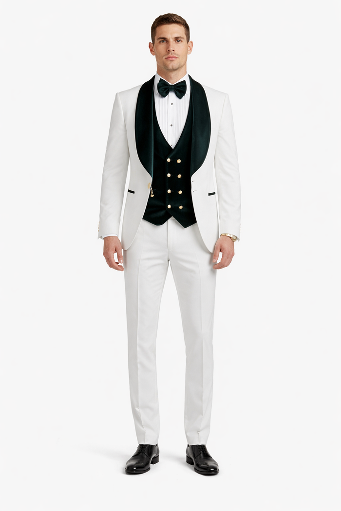 Wedding Tuxedo - Groom Suit - White and Dark Green Prom Suit - 100% Percent Wool Fabric Suit - Worsted Wool Business Suit