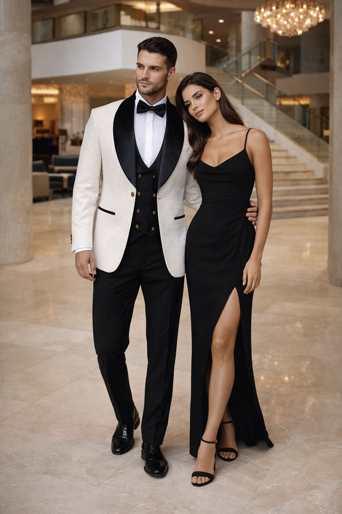 Wedding Tuxedo Premium Paisley Black Velvet 4pc Suit W/ Matching Bowtie