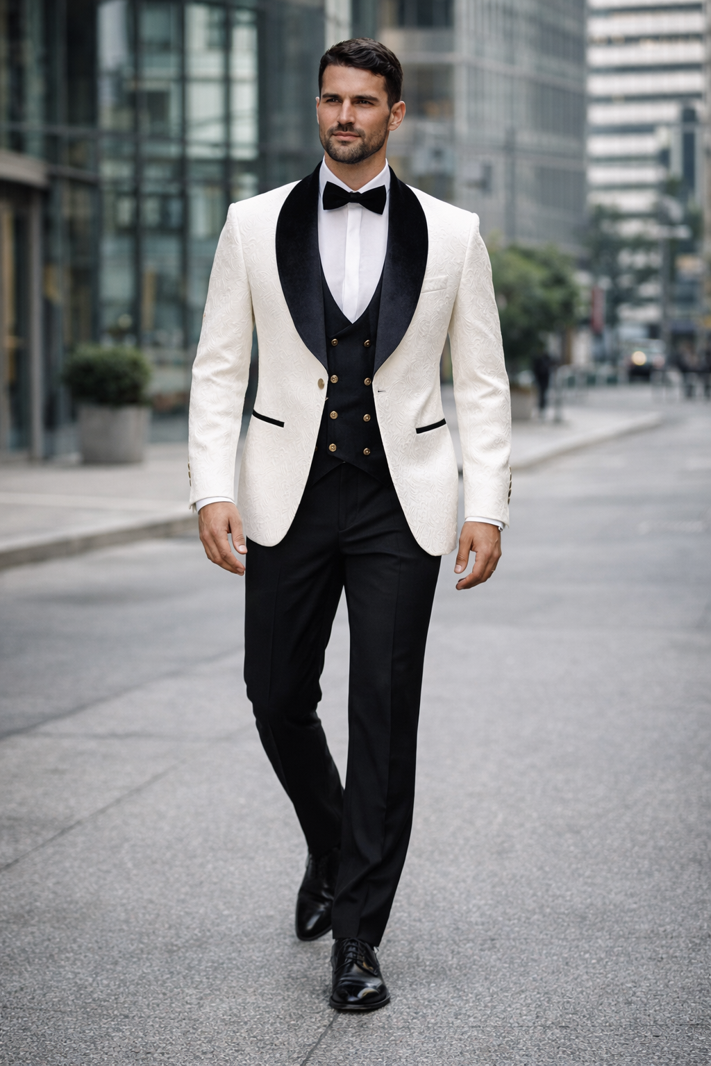 Wedding Tuxedo Premium Paisley Black Velvet 4pc Suit W/ Matching Bowtie