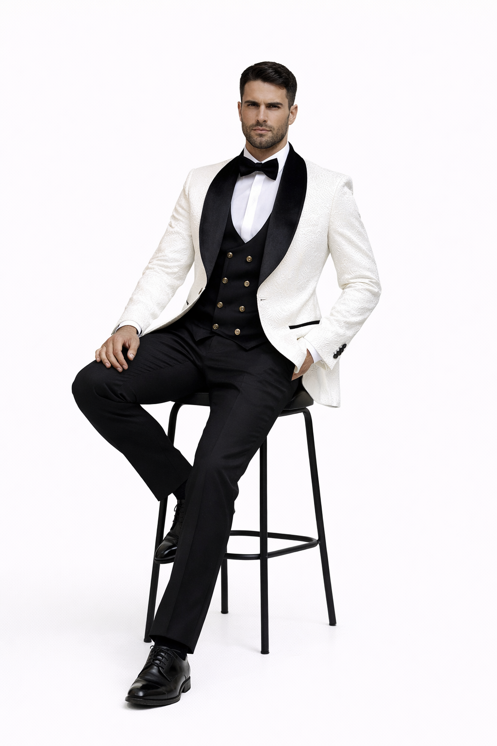 Wedding Tuxedo Premium Paisley Black Velvet 4pc Suit W/ Matching Bowtie