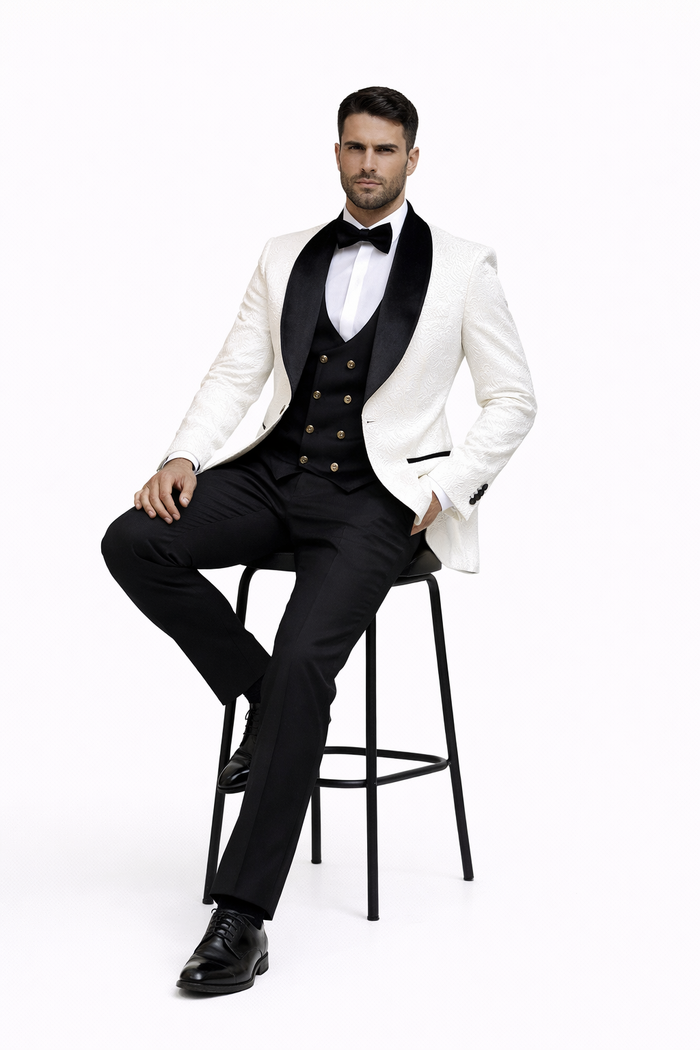 Wedding Tuxedo Premium Paisley Black Velvet 4pc Suit W/ Matching Bowtie