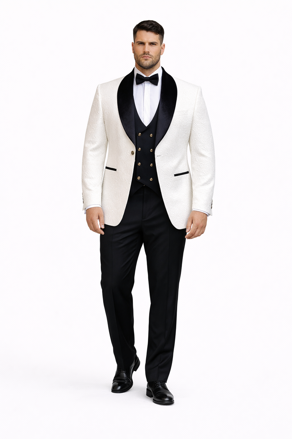 Wedding Tuxedo Premium Paisley Black Velvet 4pc Suit W/ Matching Bowtie