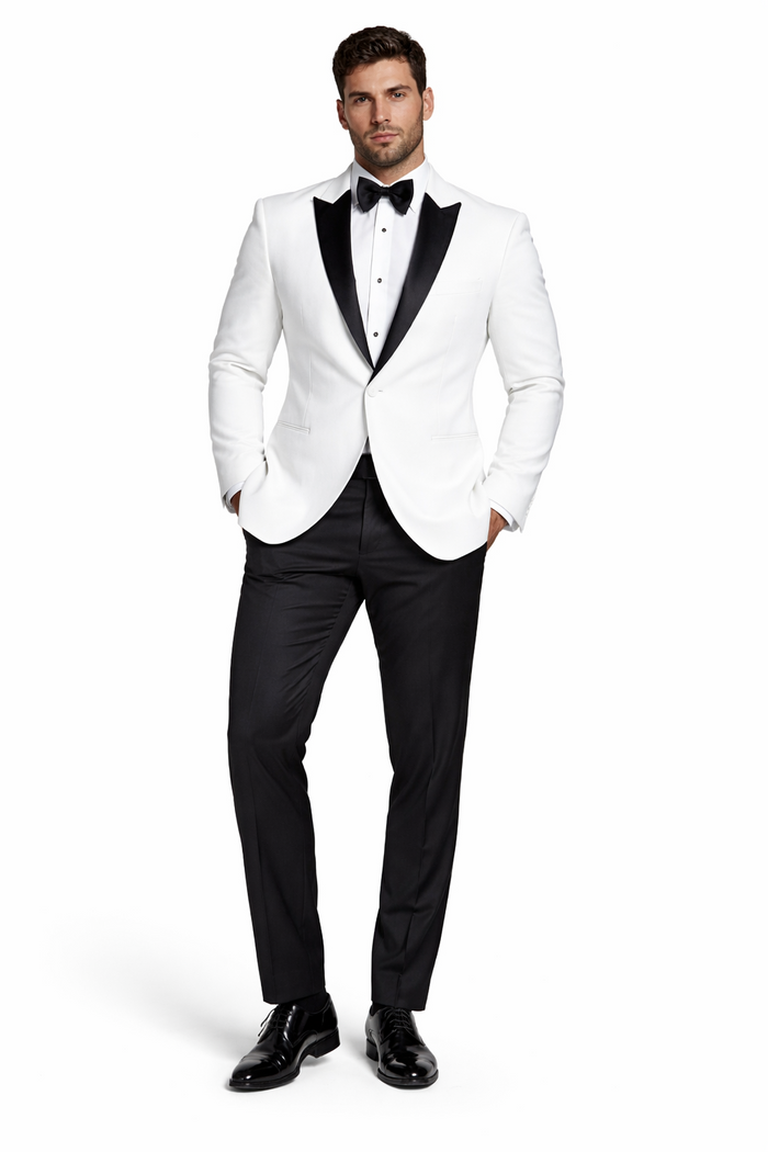 Wedding Tuxedos For Men in White Classic Wedding Tuxedo Style For Guys - Two Toned Lapel
