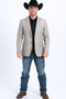 Men's beige western blazer. Double-button closure, tailored fit with defined shoulders and stylized pockets. Lightweight fabric provides a structured appearance.
