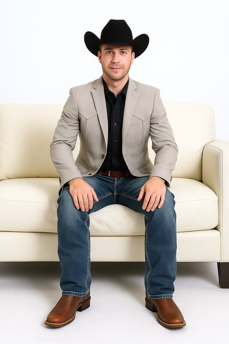 Men's beige western blazer. Tailored fit with yoke seams. Smooth fabric, two buttons, classic notch lapel.
