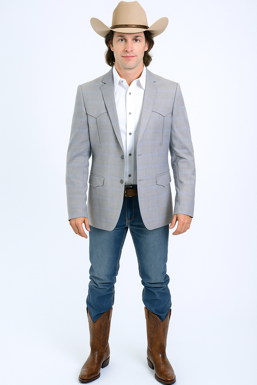 Light grey men's western blazer with double-button closure. Features a checked pattern, notched lapel, two flap pockets, tailored seams, and a fitted silhouette.
