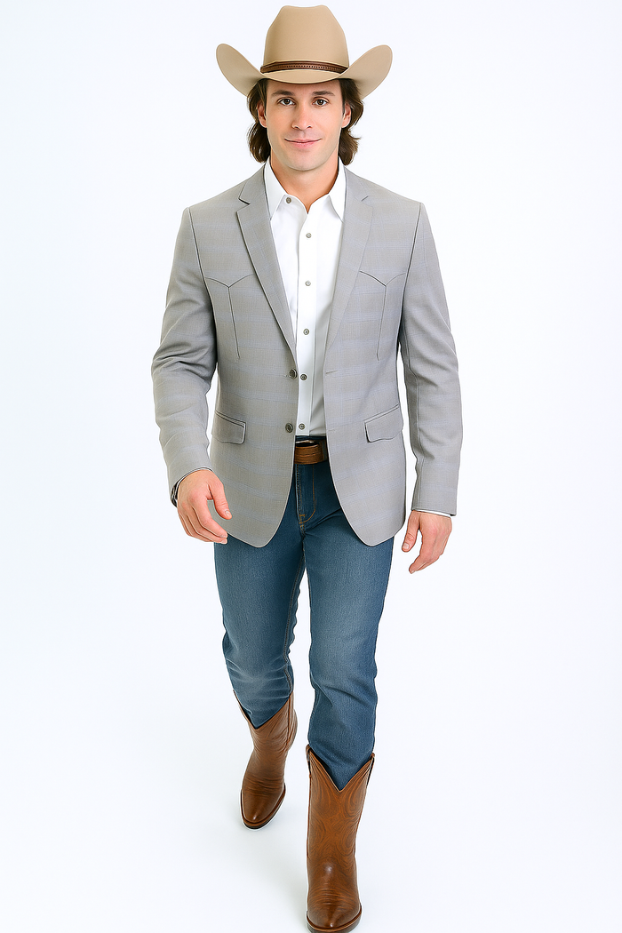 Alberto Nardoni men's grey western blazer. Fitted shape, subtle check pattern, notched lapel. Features two front flap pockets, long sleeves with buttoned cuffs, and a double-button closure.
