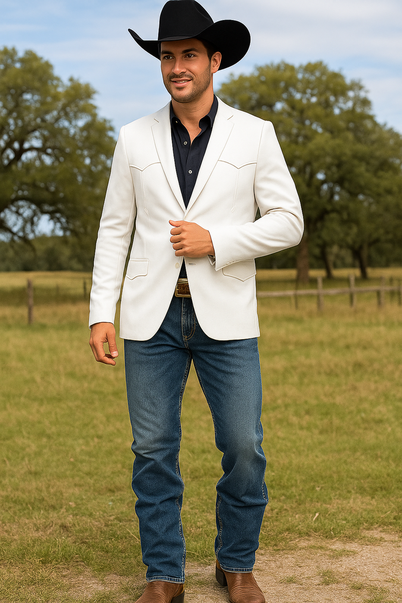 White men's western blazer with double-button closure. Tailored fit, structured shoulders, and waist taper. Notched lapel, front pockets, and western stitching. Lightweight fabric for a modern look.
