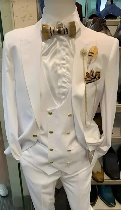 White And Gold Suit - Peak Lapel Suit - Flat Front Pants