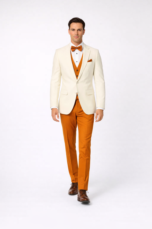 White and Orange Tuxedo Wedding Suit - White Dinner Jacket + Vest + Pants + Bow-tie