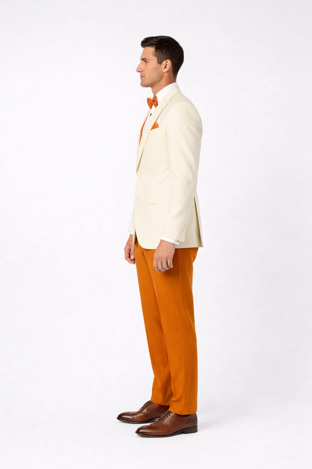 White and Orange Tuxedo Wedding Suit - White Dinner Jacket + Vest + Pants + Bow-tie