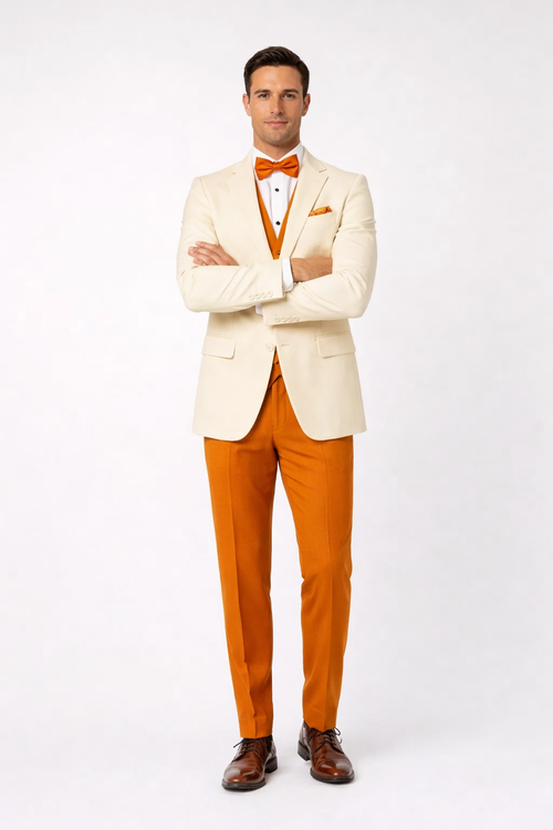 White and Orange Tuxedo Wedding Suit - White Dinner Jacket + Vest + Pants + Bow-tie