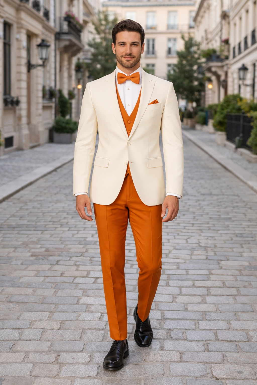White and Orange Tuxedo Wedding Suit - White Dinner Jacket + Vest + Pants + Bow-tie