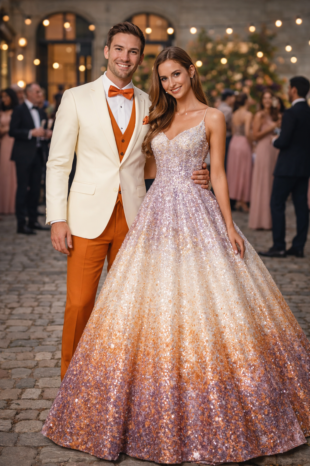 White and Orange Tuxedo Wedding Suit - White Dinner Jacket + Vest + Pants + Bow-tie