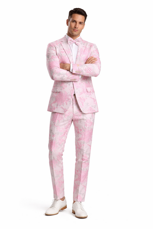 White and Pink Tuxedo - Paisley Wedding Suit - White Pink Prom Suit