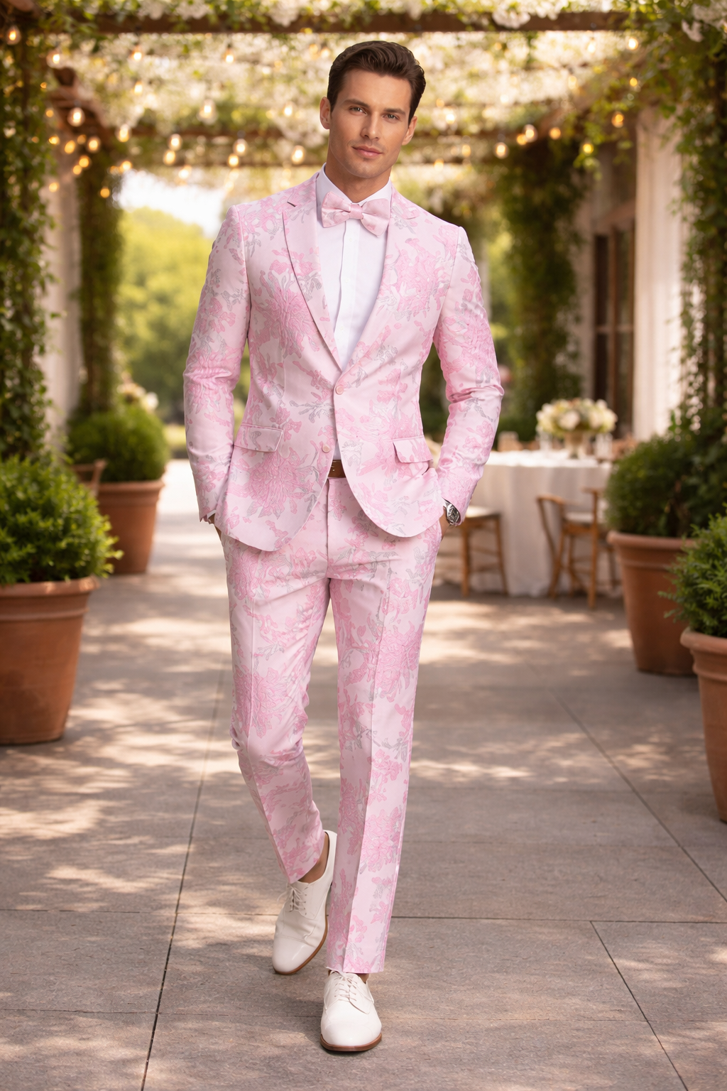 White and Pink Tuxedo - Paisley Wedding Suit - White Pink Prom Suit