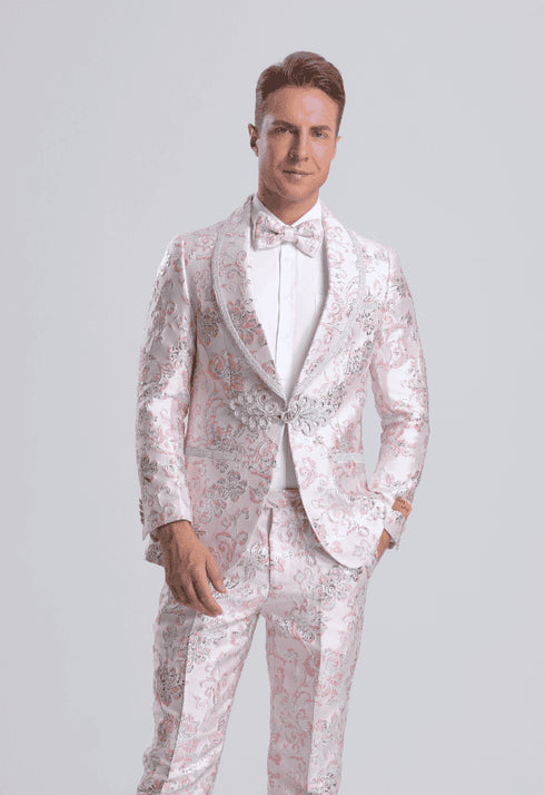 White and Pink Tuxedo - Paisley Wedding Suit - White Pink Prom Suit - AlbertoNardoniStore