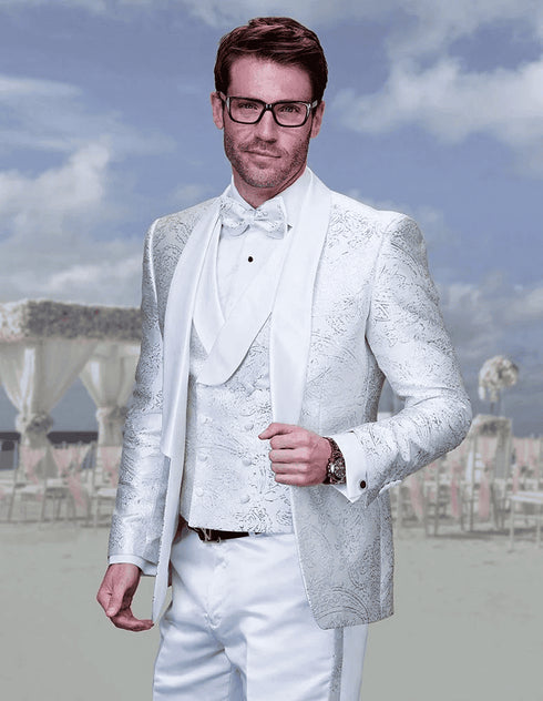 White And Silver Prom Suit - White Wedding Tuxedo - AlbertoNardoniStore