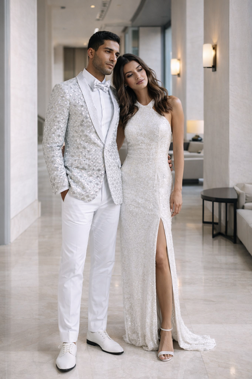 White and Silver Tuxedo With Matching Bowtie and White Pants