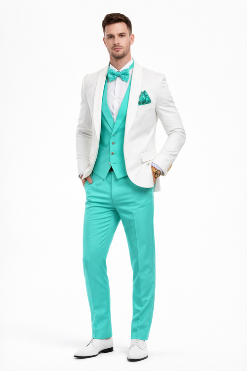 White and Turquoise Tuxedo Wedding Suit - White Dinner Jacket + Vest + Pants + Bow-tie