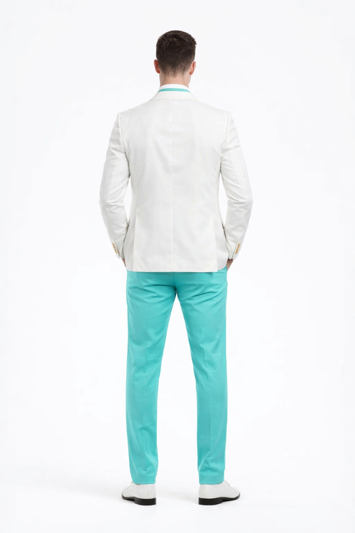 White and Turquoise Tuxedo Wedding Suit - White Dinner Jacket + Vest + Pants + Bow-tie