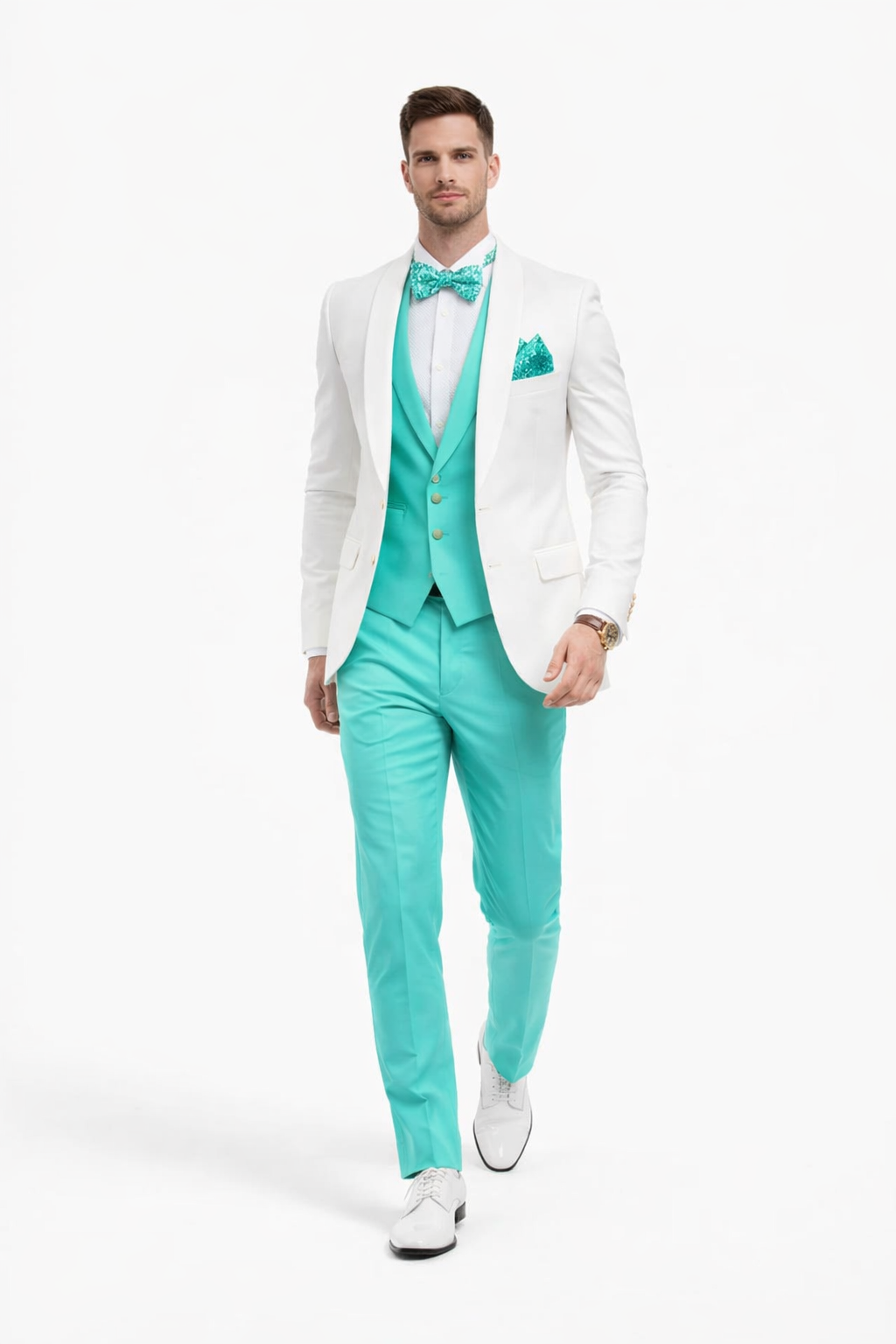 White and Turquoise Tuxedo Wedding Suit - White Dinner Jacket + Vest + Pants + Bow-tie