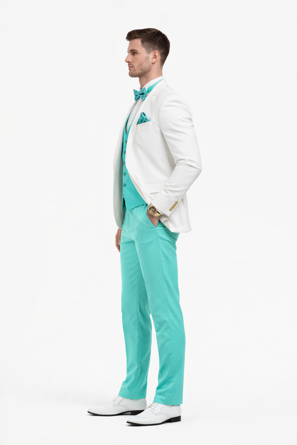 White and Turquoise Tuxedo Wedding Suit - White Dinner Jacket + Vest + Pants + Bow-tie