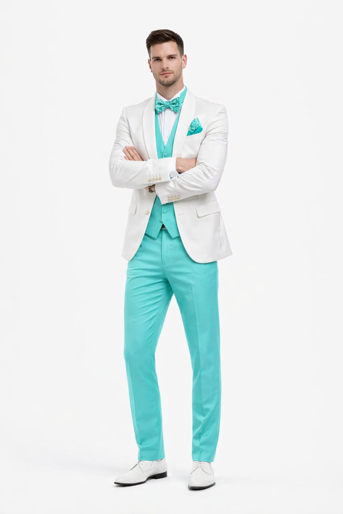 White and Turquoise Tuxedo Wedding Suit - White Dinner Jacket + Vest + Pants + Bow-tie