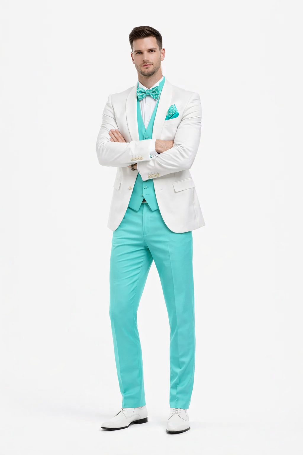 White and Turquoise Tuxedo Wedding Suit - White Dinner Jacket + Vest + Pants + Bow-tie
