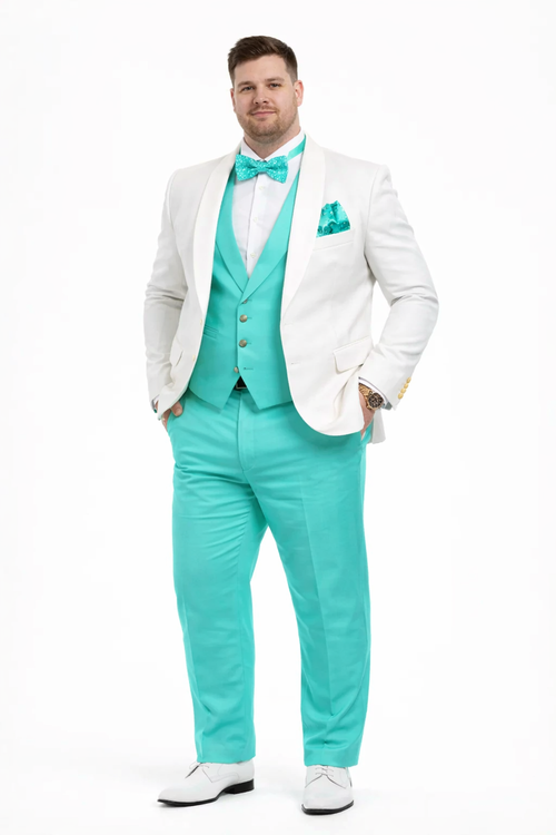 White and Turquoise Tuxedo Wedding Suit - White Dinner Jacket + Vest + Pants + Bow-tie