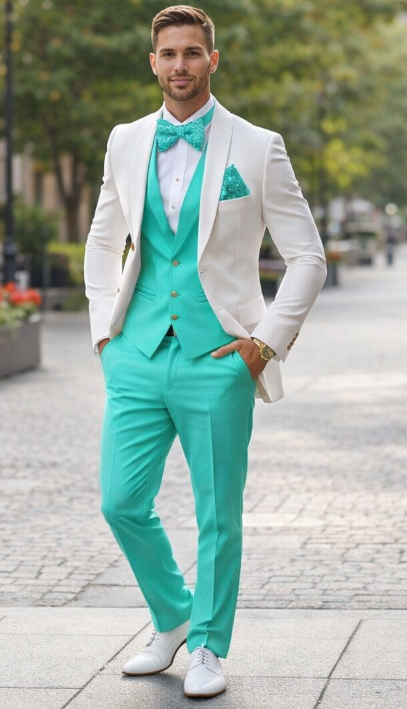 White and Turquoise Tuxedo Wedding Suit - White Dinner Jacket + Vest + Pants + Bow-tie