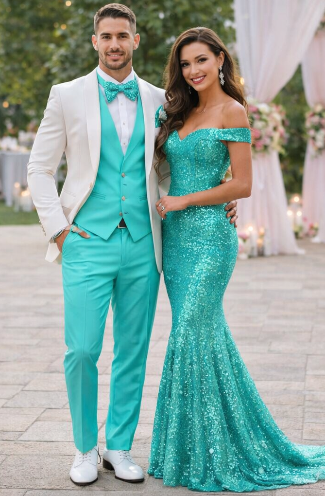 White and Turquoise Tuxedo Wedding Suit - White Dinner Jacket + Vest + Pants + Bow-tie