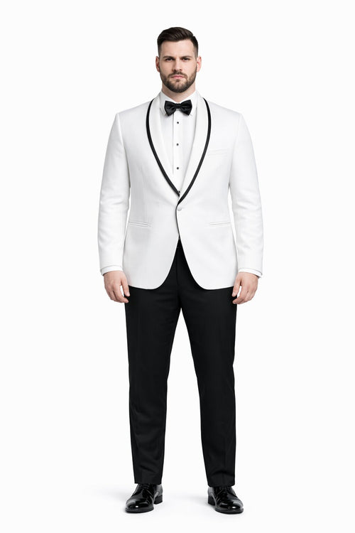 Mens Designer White and Black Trimmed Traditional Dinner Jacket Tuxedo