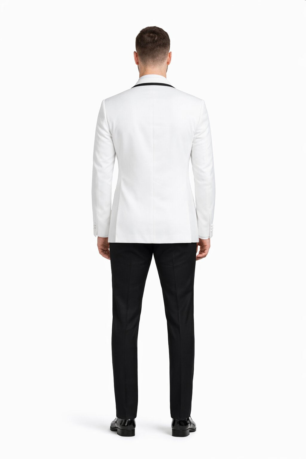 Mens Designer White and Black Trimmed Traditional Dinner Jacket Tuxedo