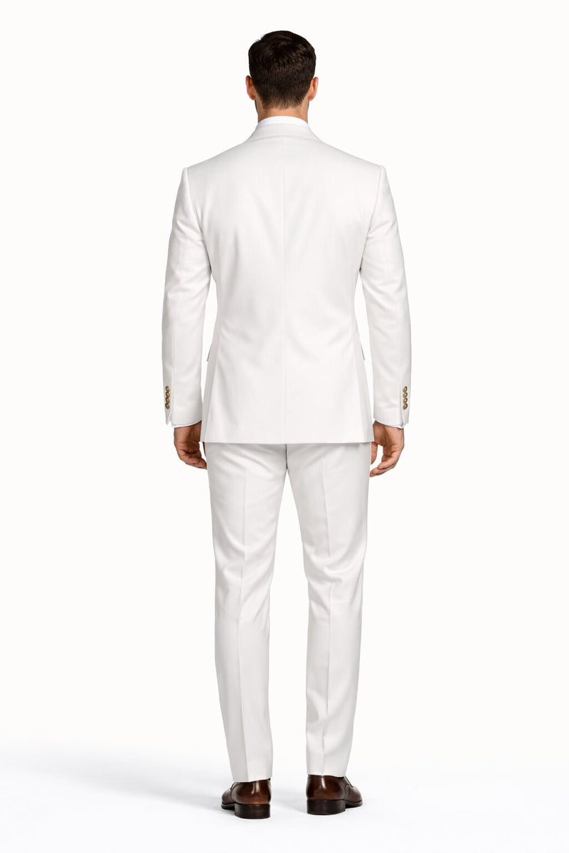 Mens Designer Modern Fit Double Breasted Suit with Gold Buttons in White