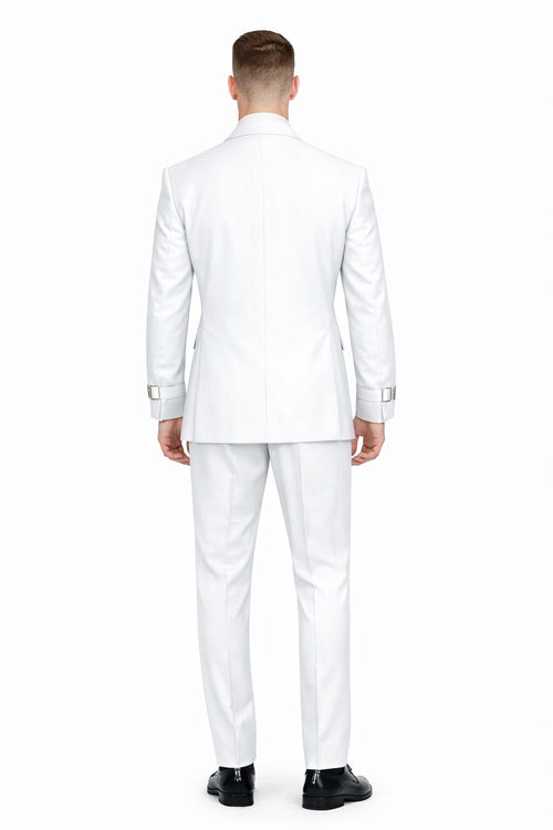 Men’s White Double Breasted Wool Suit with Designer Tailored Formal Set Metal Buckle Closure