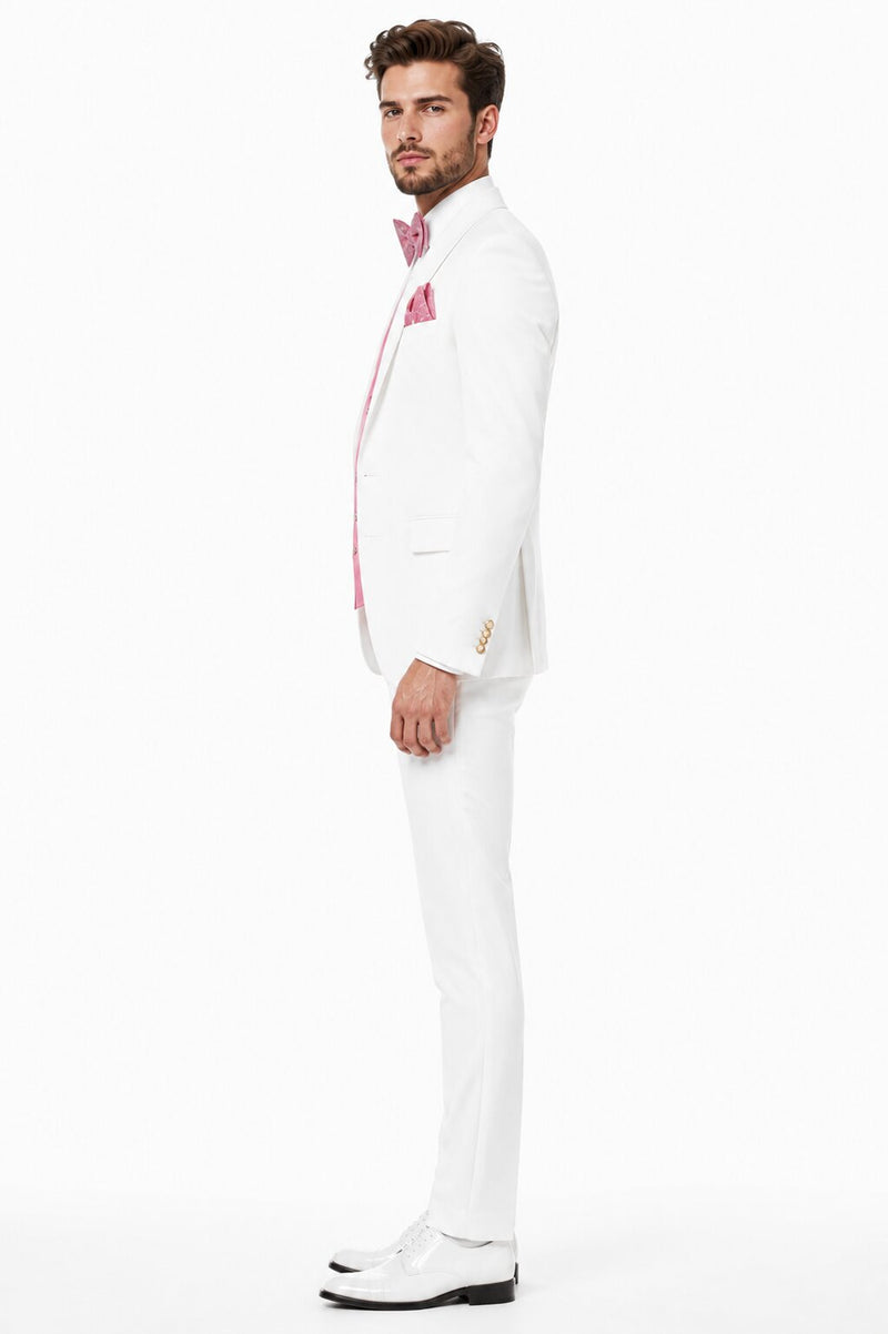 White and Light Pink Tuxedo Wedding Suit - White Dinner Jacket + Vest + Pants + Bow-tie