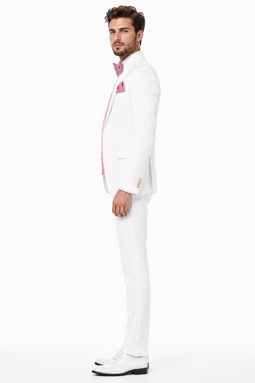 White and Light Pink Tuxedo Wedding Suit - White Dinner Jacket + Vest + Pants + Bow-tie