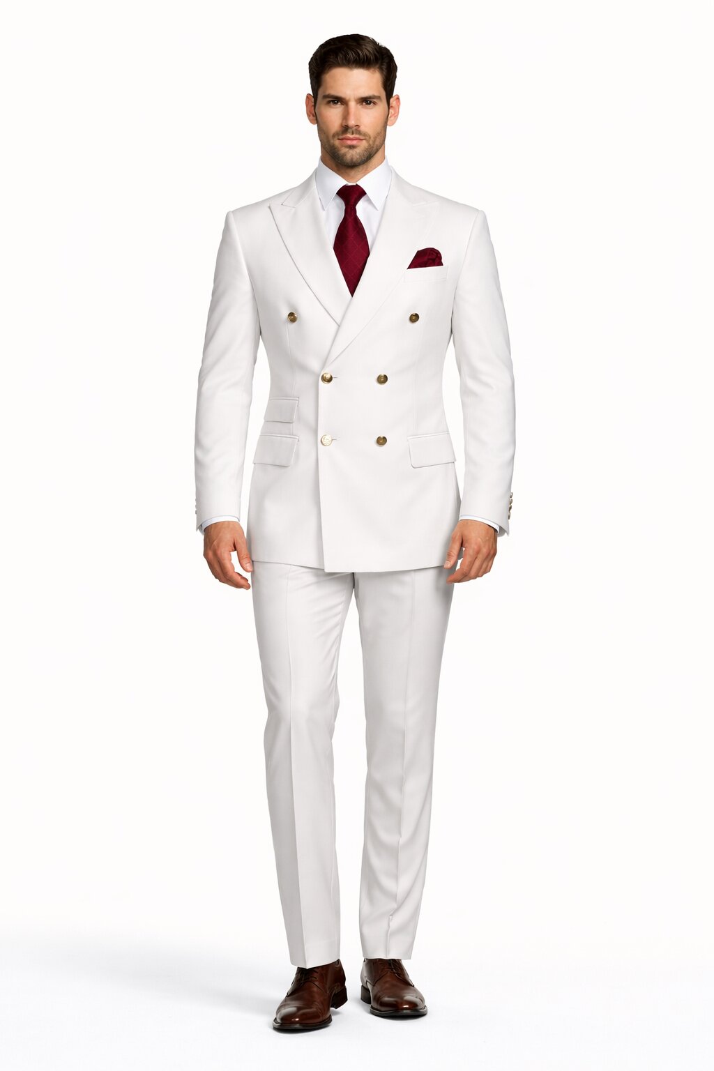 Mens Designer Modern Fit Double Breasted Suit with Gold Buttons in White