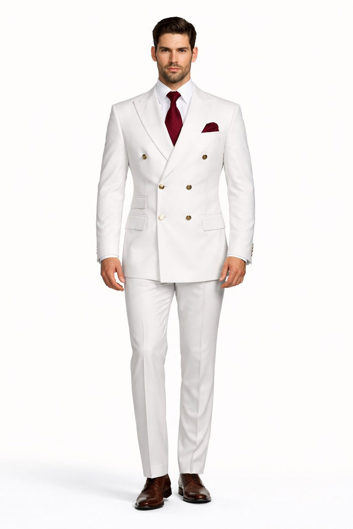 Mens Designer Modern Fit Double Breasted Suit with Gold Buttons in White
