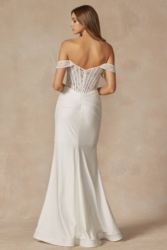 Juliet 2407W Embroidered Off Shoulder Lace Appliqué Corset Dress