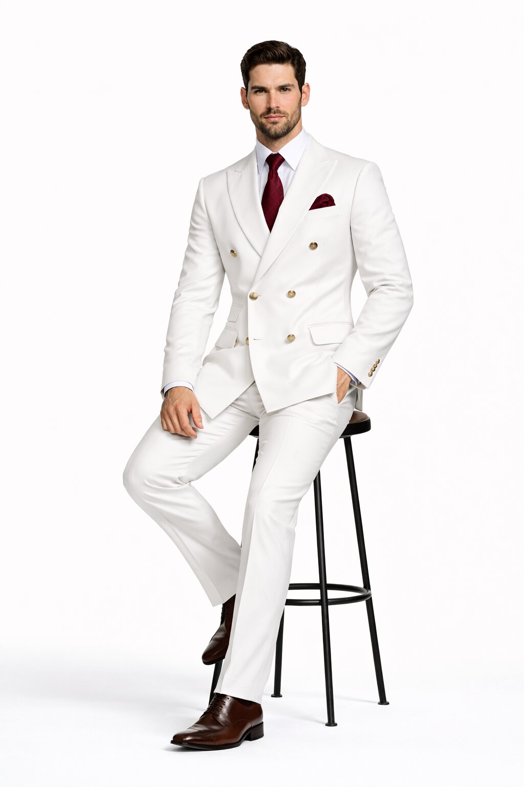 Mens Designer Modern Fit Double Breasted Suit with Gold Buttons in White