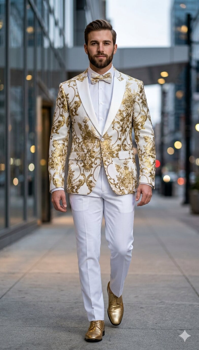 Mens White and Gold Floral Tuxedo Jacket with Satin Lapel - Luxury Prom, Wedding and Formal Dinner Blazer