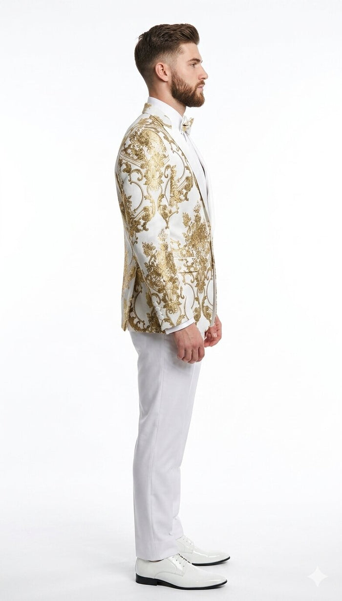 Mens White and Gold Floral Tuxedo Jacket with Satin Lapel - Luxury Prom, Wedding and Formal Dinner Blazer