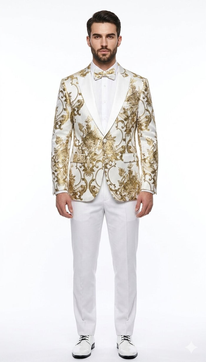 Mens White and Gold Floral Tuxedo Jacket with Satin Lapel - Luxury Prom, Wedding and Formal Dinner Blazer