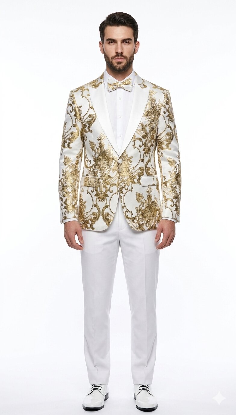 Mens White and Gold Floral Tuxedo Jacket with Satin Lapel - Luxury Prom, Wedding and Formal Dinner Blazer
