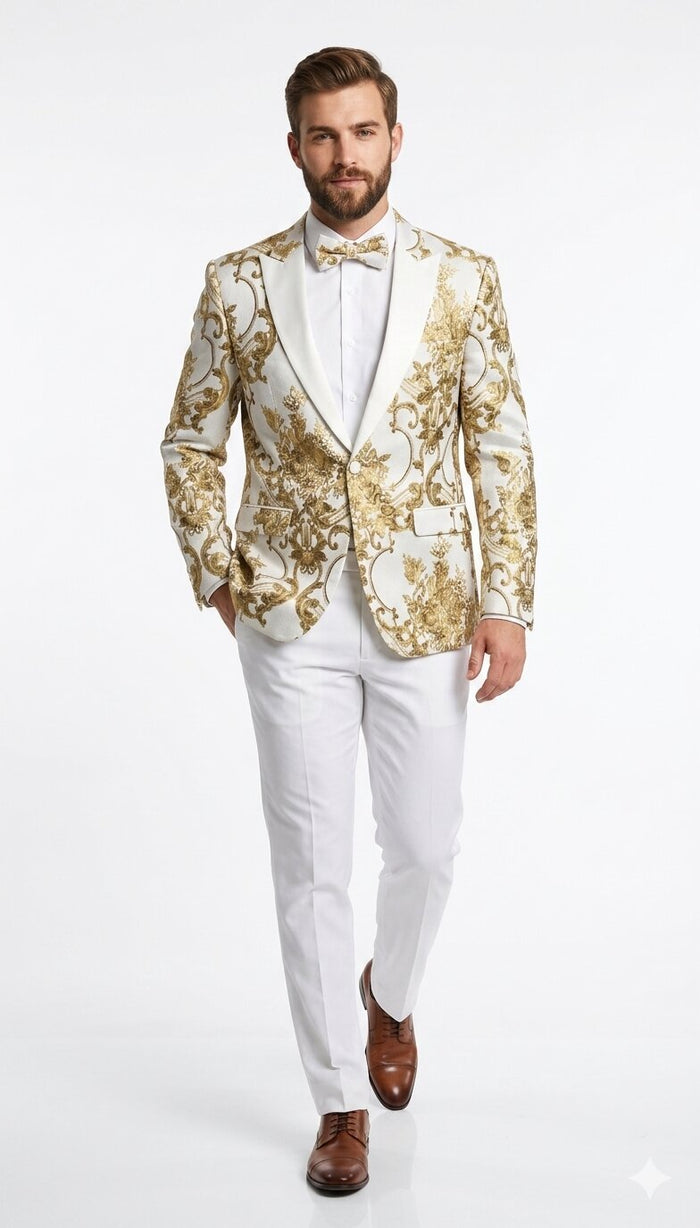Mens White and Gold Floral Tuxedo Jacket with Satin Lapel - Luxury Prom, Wedding and Formal Dinner Blazer