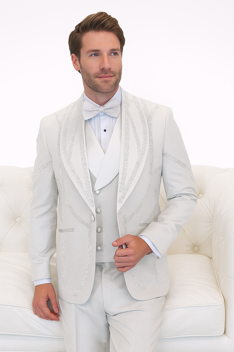 Alberto Nardoni white tuxedo: Italian wool, modern fit, 3-piece suit. Features fitted jacket with silver detailing, single-button closure, peaked lapels, and pockets. Includes matching vest and trousers.